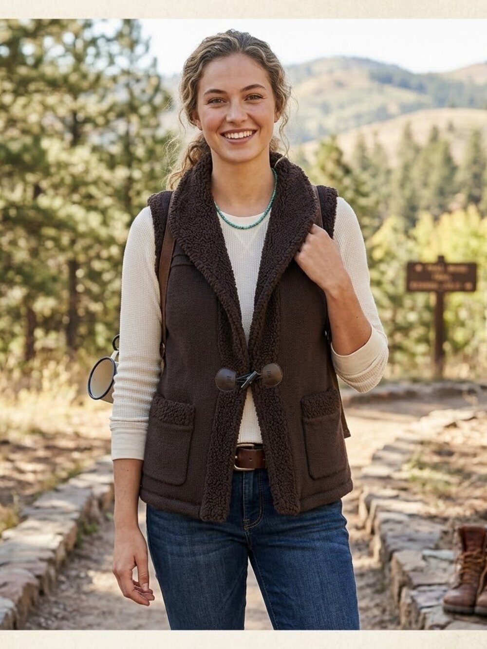 vintage Eagles Eye Wool Sherpa Sweater Vest M Brown Taggle Cabincore Granola Y2K